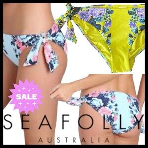 🌞Seafolly Chartreuse/Purple Floral Bella Rose Loop Tie Side Hipster Bottom (L)
